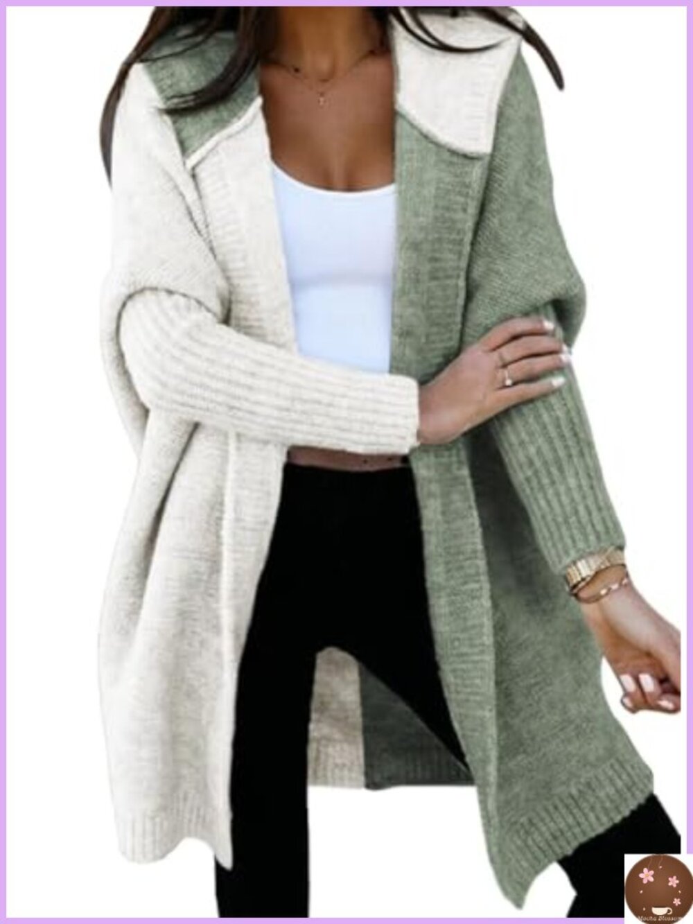 Women's Hooded Knit Cardigan Sweater Color Block Open Front Long Sleeve